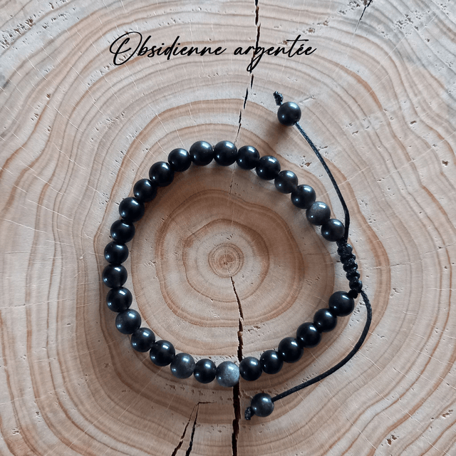 Bracelet ajustable en Obsidienne argentée