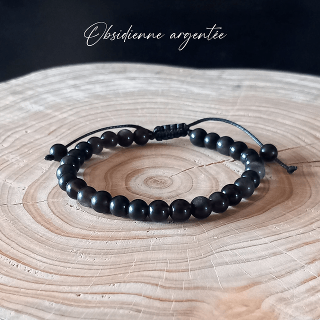 Bracelet ajustable en Obsidienne argentée