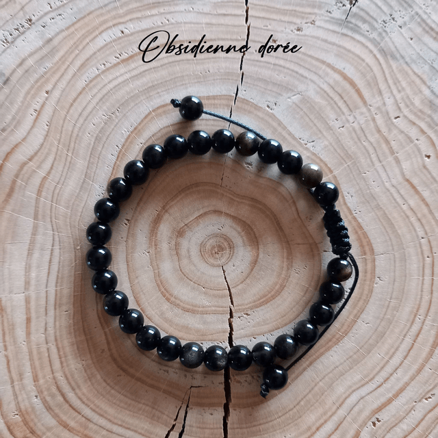 Bracelet ajustable en Obsidienne dorée