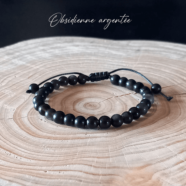 Bracelet ajustable en Obsidienne argentée