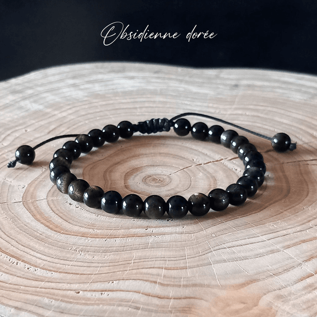 Bracelet ajustable en Obsidienne dorée